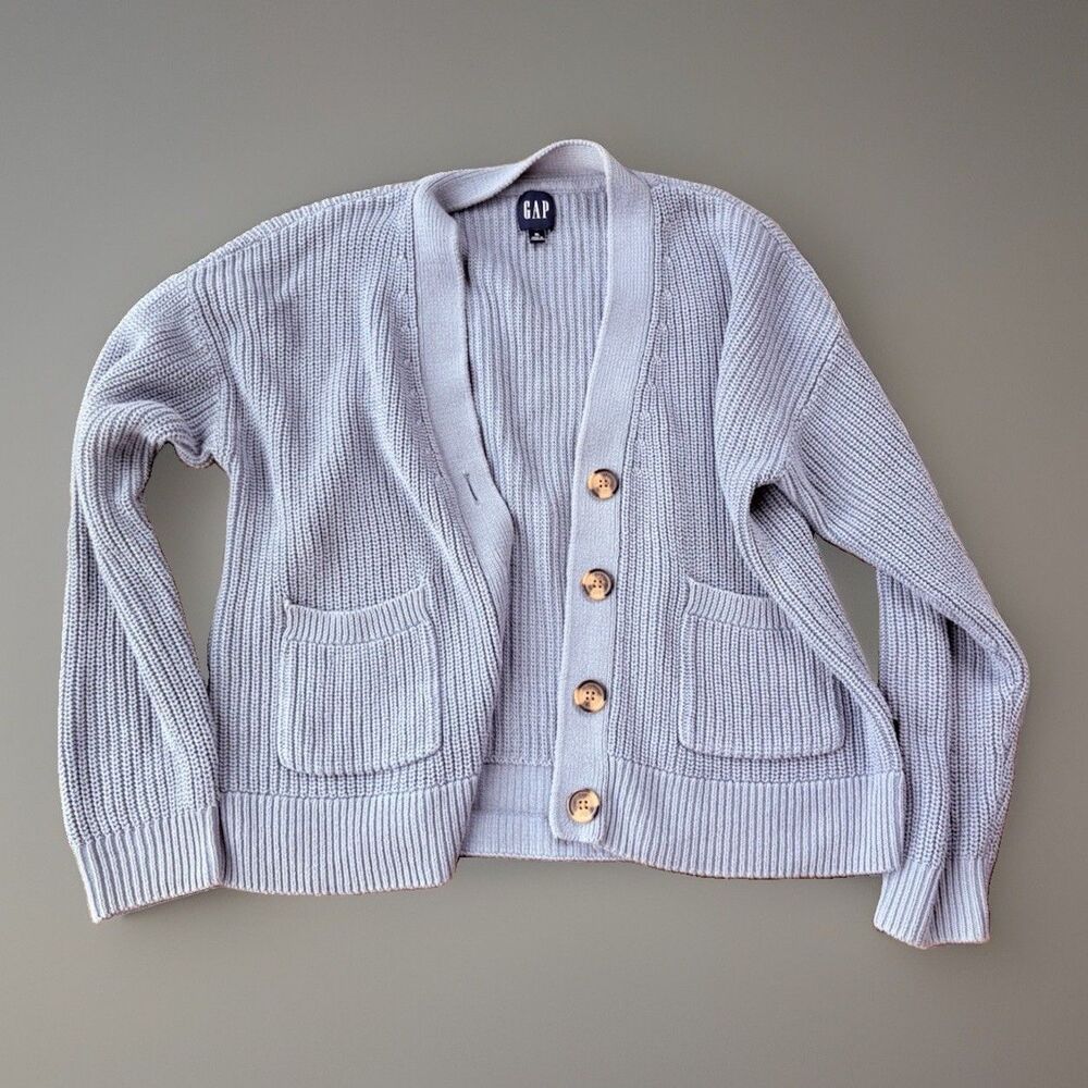 Gap Ribbed Knit Cardigan Sweater Women XL Blue Chunky Button Front Pockets